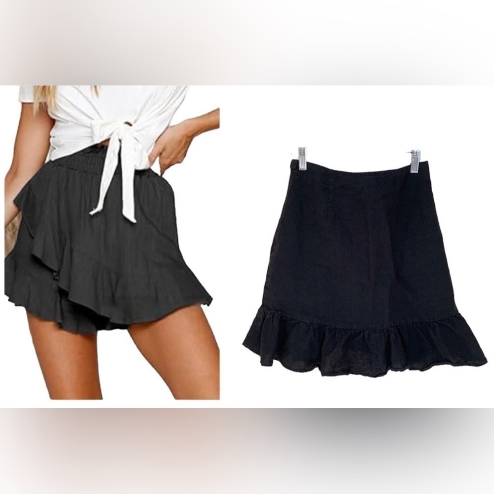 Los Angeles Atelier & Other Stories black Wrap 100% linen mini skirt, Size Small - Picture 2 of 10
